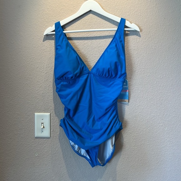 New Swim Solutions Women's Tummy-Control Plunge Mio One-Piece Swimsuit Blue 14 - Picture 3 of 10